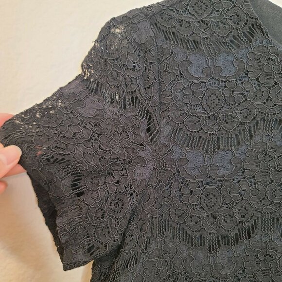 Monteau Womens Blouse Top Medium Black Floral Lace Crochet Short Sleeve Casual - Picture 9 of 12